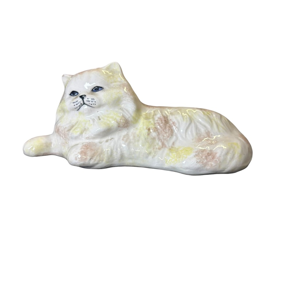 Vintage‎ Ceramic Persian Cat Coin Bank Blue Eyes Hand Painted White Yellow JR**